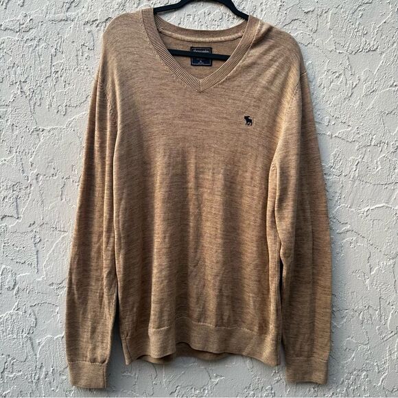 ABERCROMBIE Sweater Men Size XL Pima Cotton Pullover V Neck Tan Neutral Preppy - Picture 1 of 9